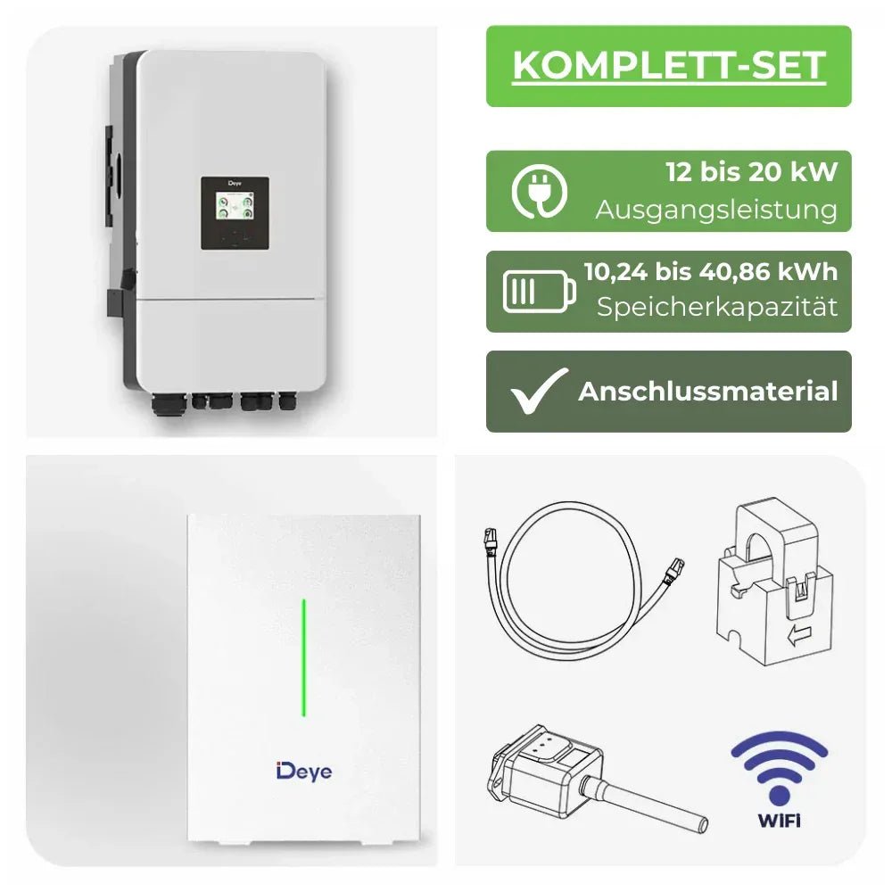 Deye Hybrid-Wechselrichter mit einer Leistung von 12 bis 20 kW mit einem passenden Speicher 10,24 bis 40,86 kWh. Anschlussmaterial bereits enthalten. 