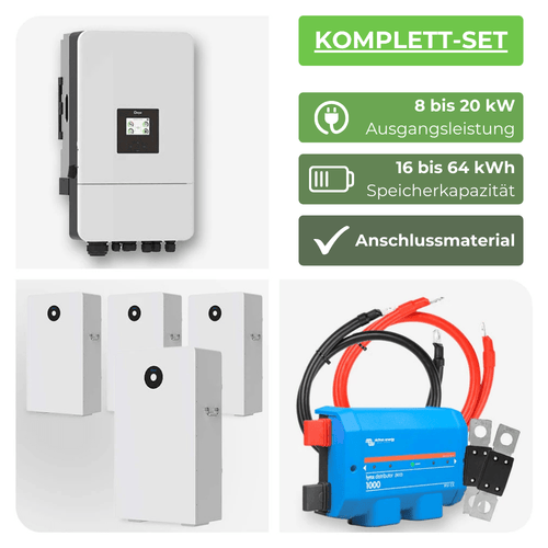 3-phasiger Deye Hybrid-wechselrichter der neusten Generation SG05LP3. Vier Stück Stromspeicher Deye RW-F16, Anschlussmaterial